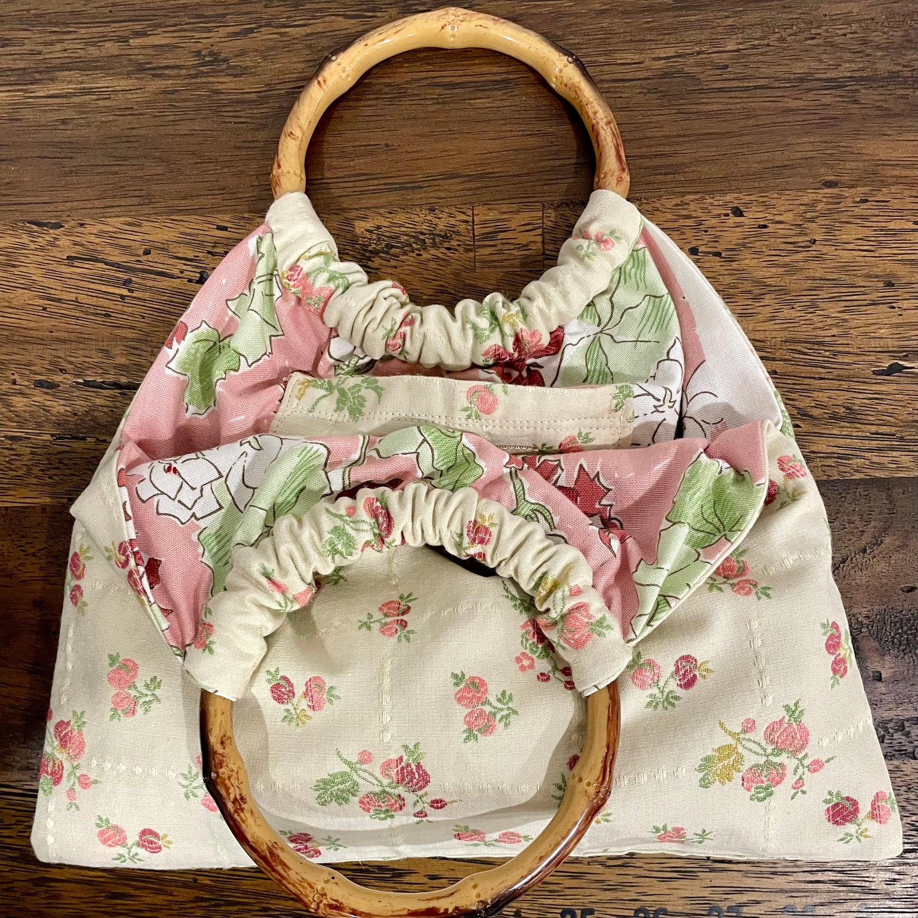 Boho Granny Bag, Embroidered Roses, Bamboo Handles