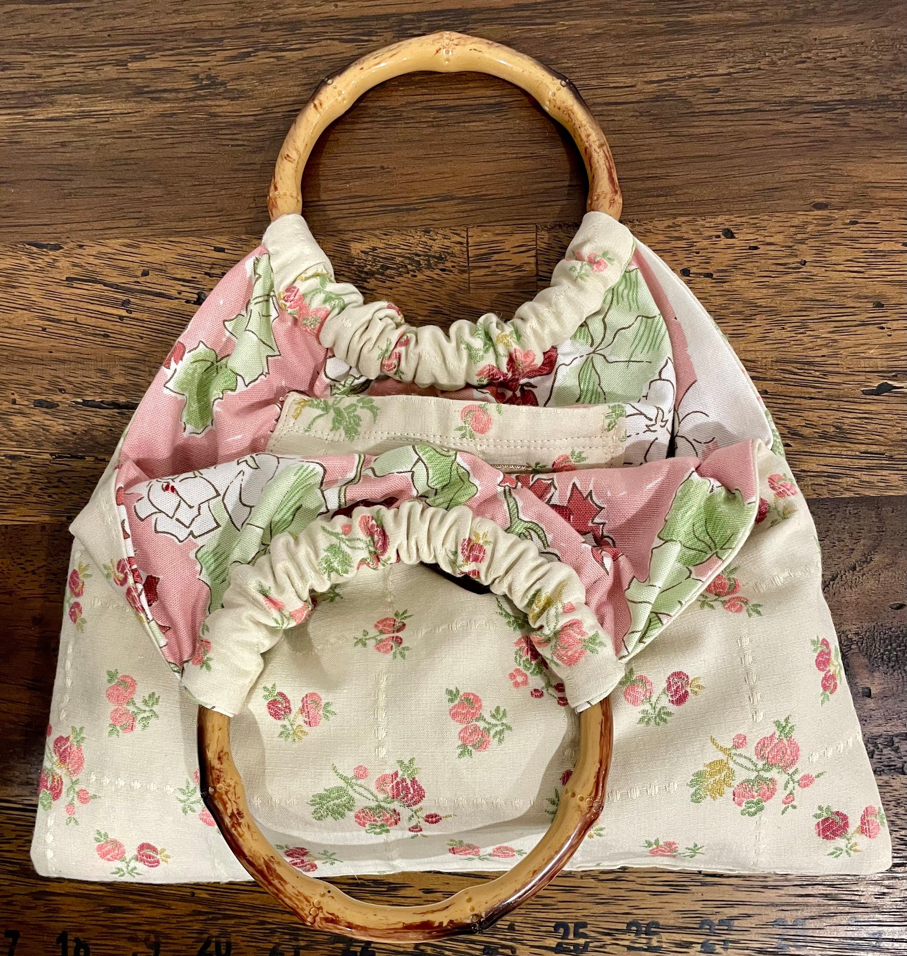 Boho Granny Bag, Embroidered Roses, Bamboo Handles