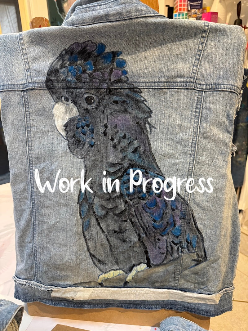 Black Cockatoo Hand-painted Denim Recycled Jacket Bettina (W14)