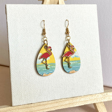 Flamingo hand-painted wood dangle earrings