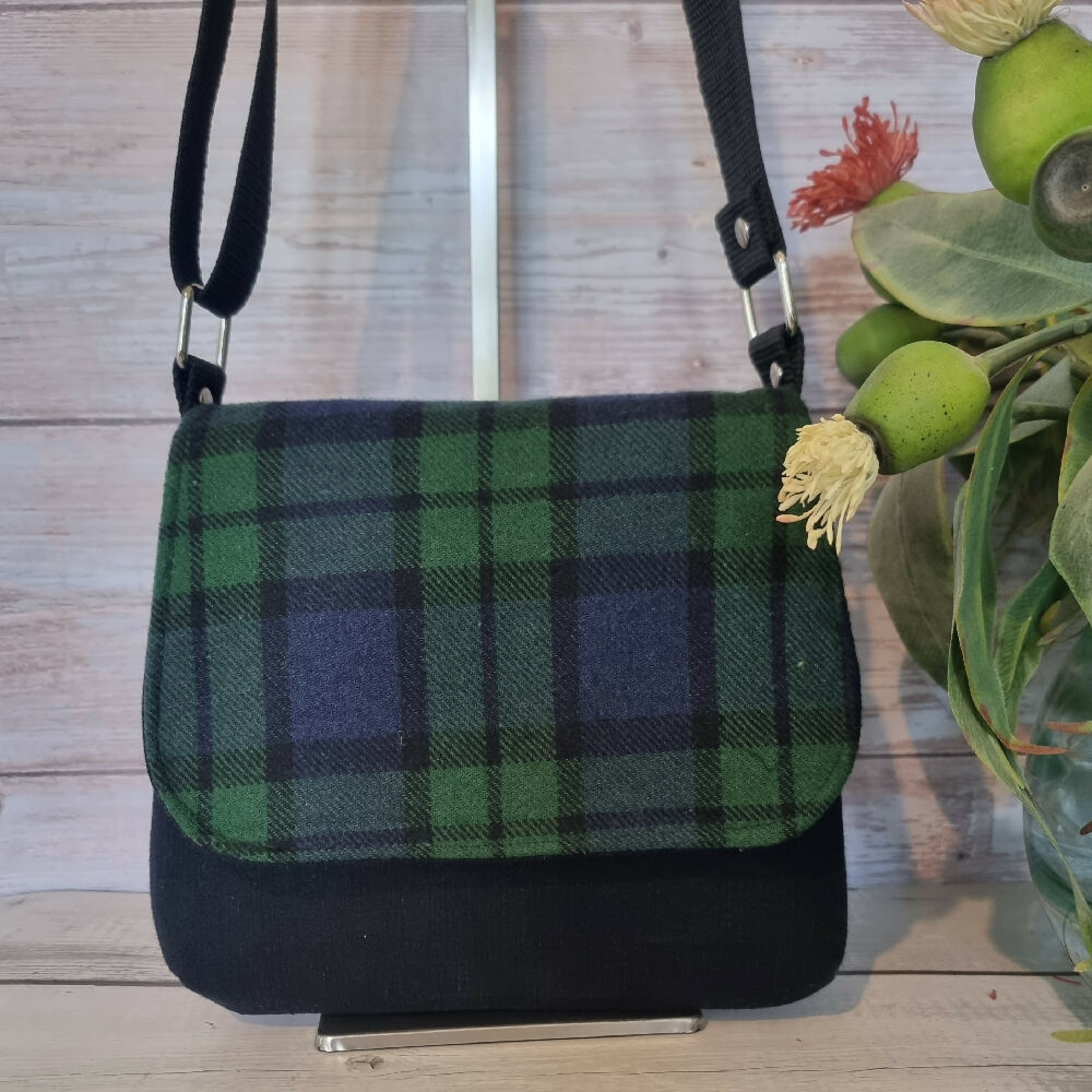 Upcycled mini messenger bag - midnight blue & green tartan