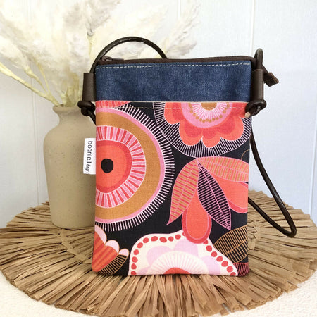 Cross Body Phone Sling Bag in Blue Canvas with Pink & Red Flowers