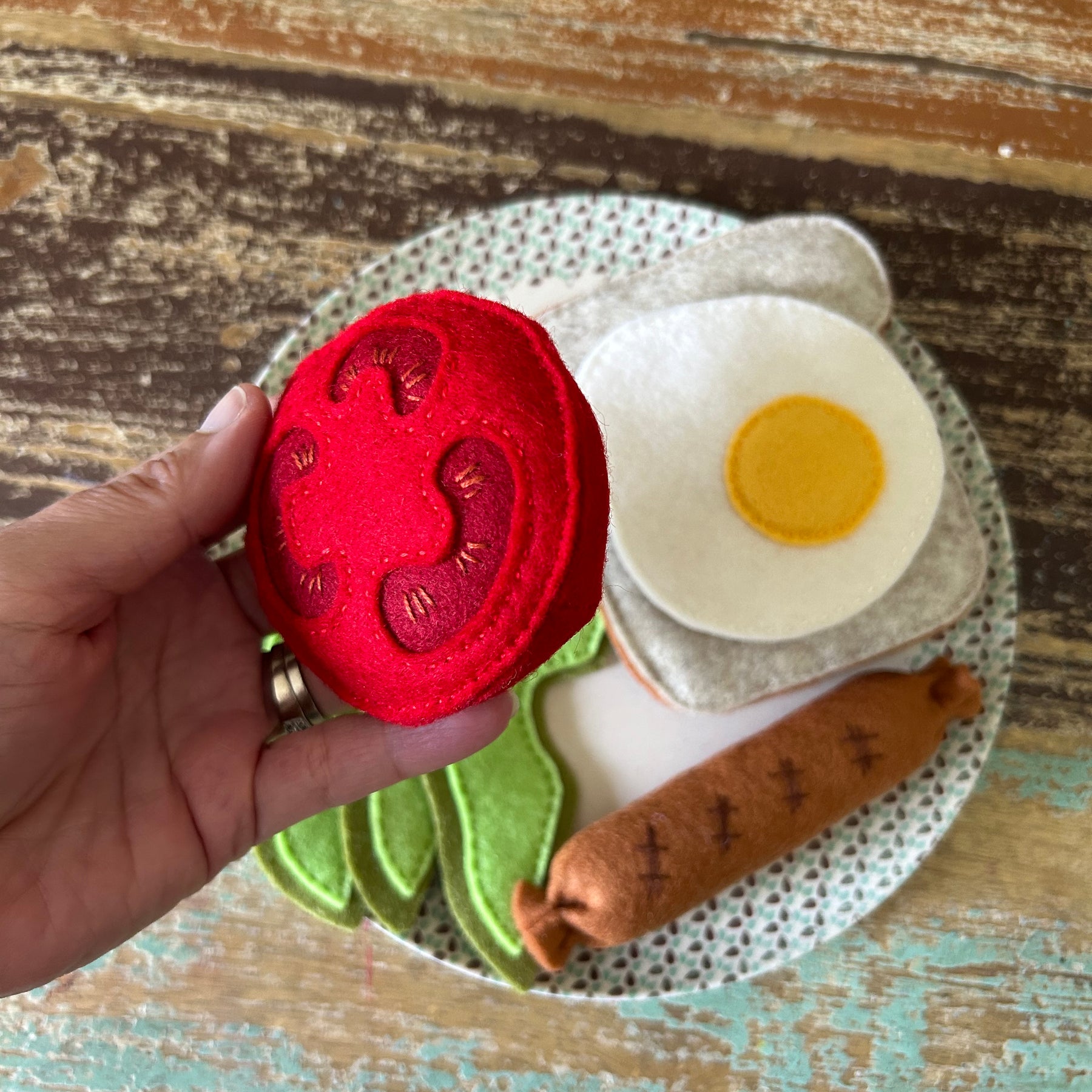 Breakfast set, avocado, egg and sausage felt play food