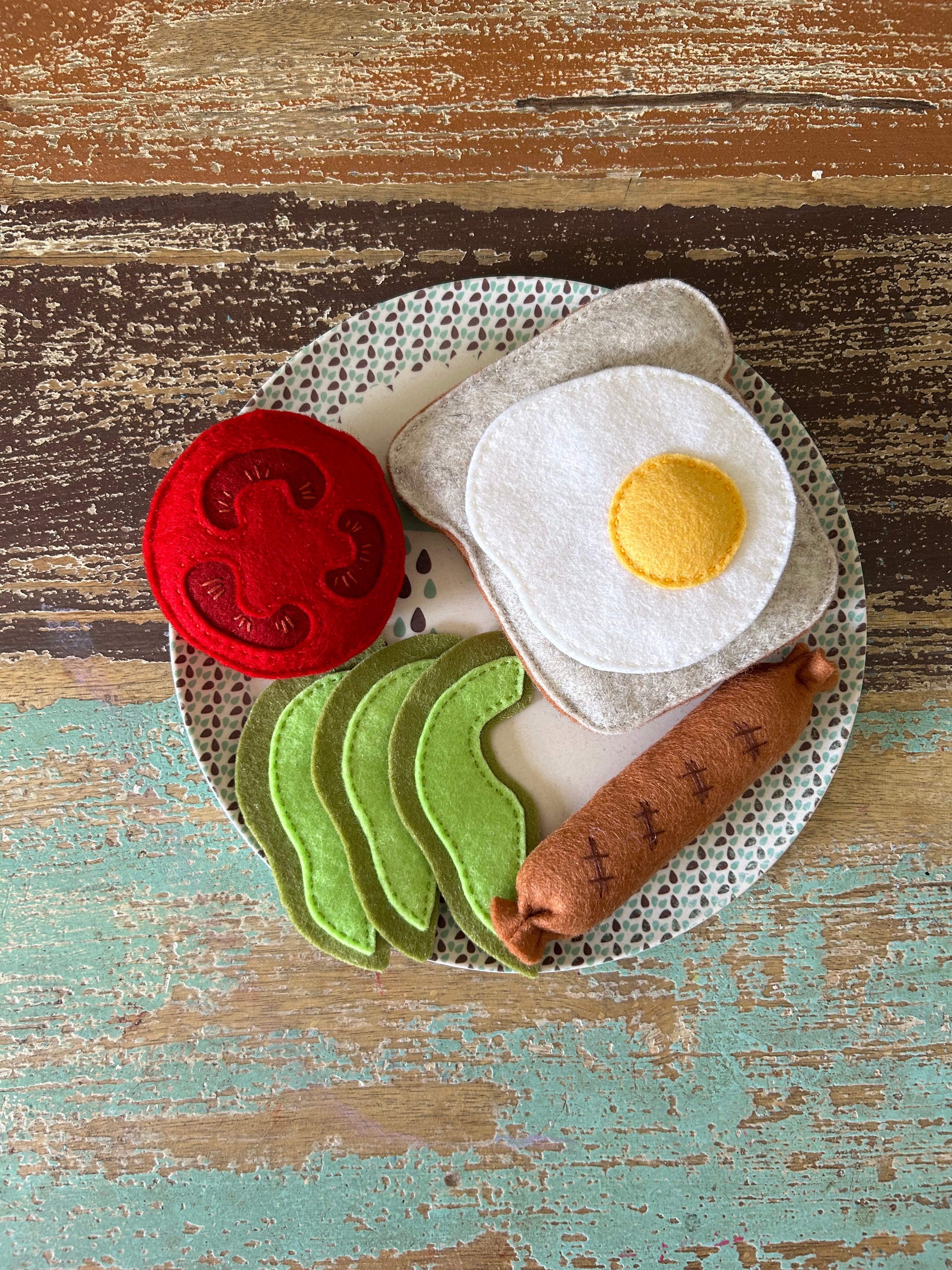 Breakfast set, avocado, egg and sausage felt play food