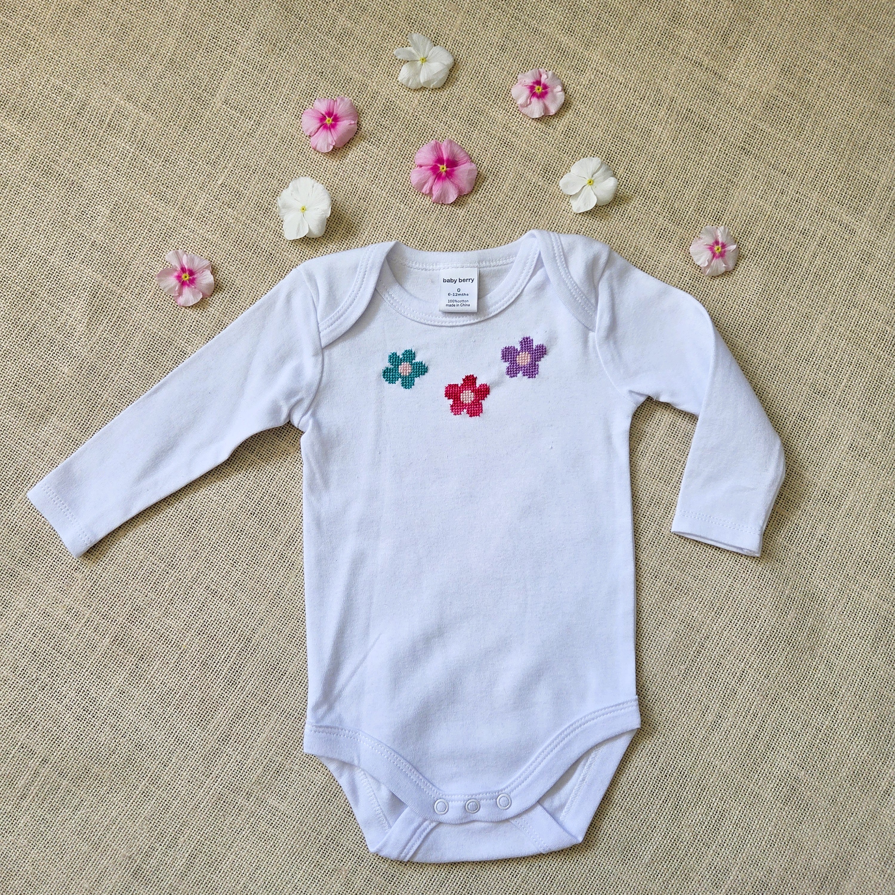 "Little Bloom" Longsleeve White Onesie & Footed Pants (9-12 Months)