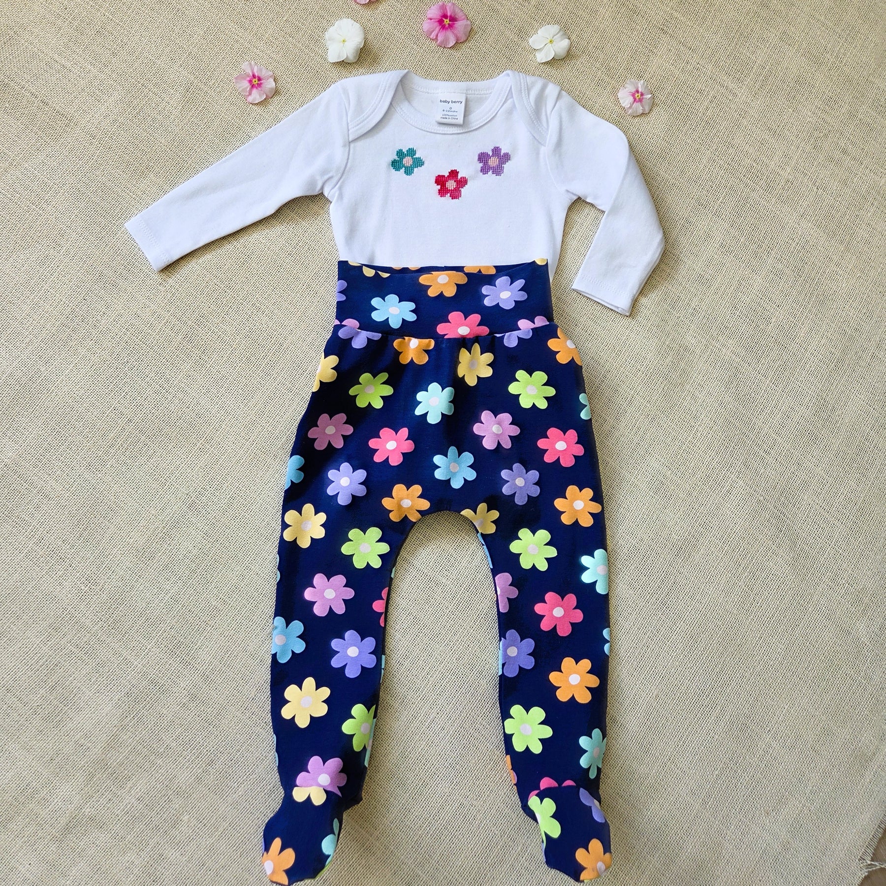 "Little Bloom" Longsleeve White Onesie & Footed Pants (9-12 Months)