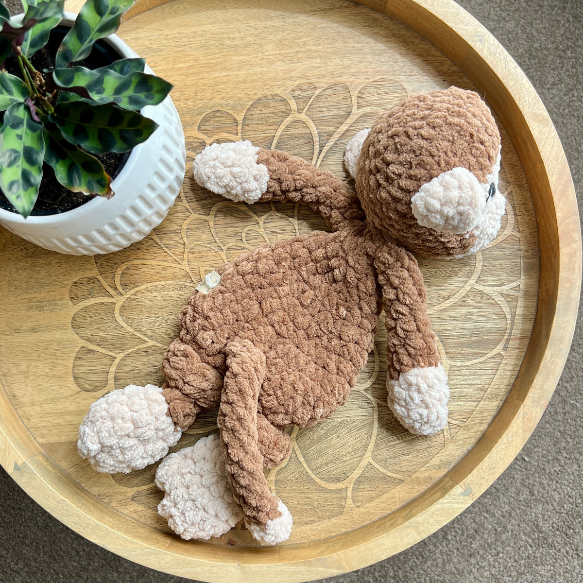 Handmade modern crochet toy monkey lovey snuggler.
