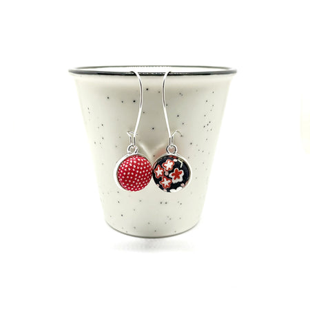 Double Sided Fabric Button Earrings - Black and Pink