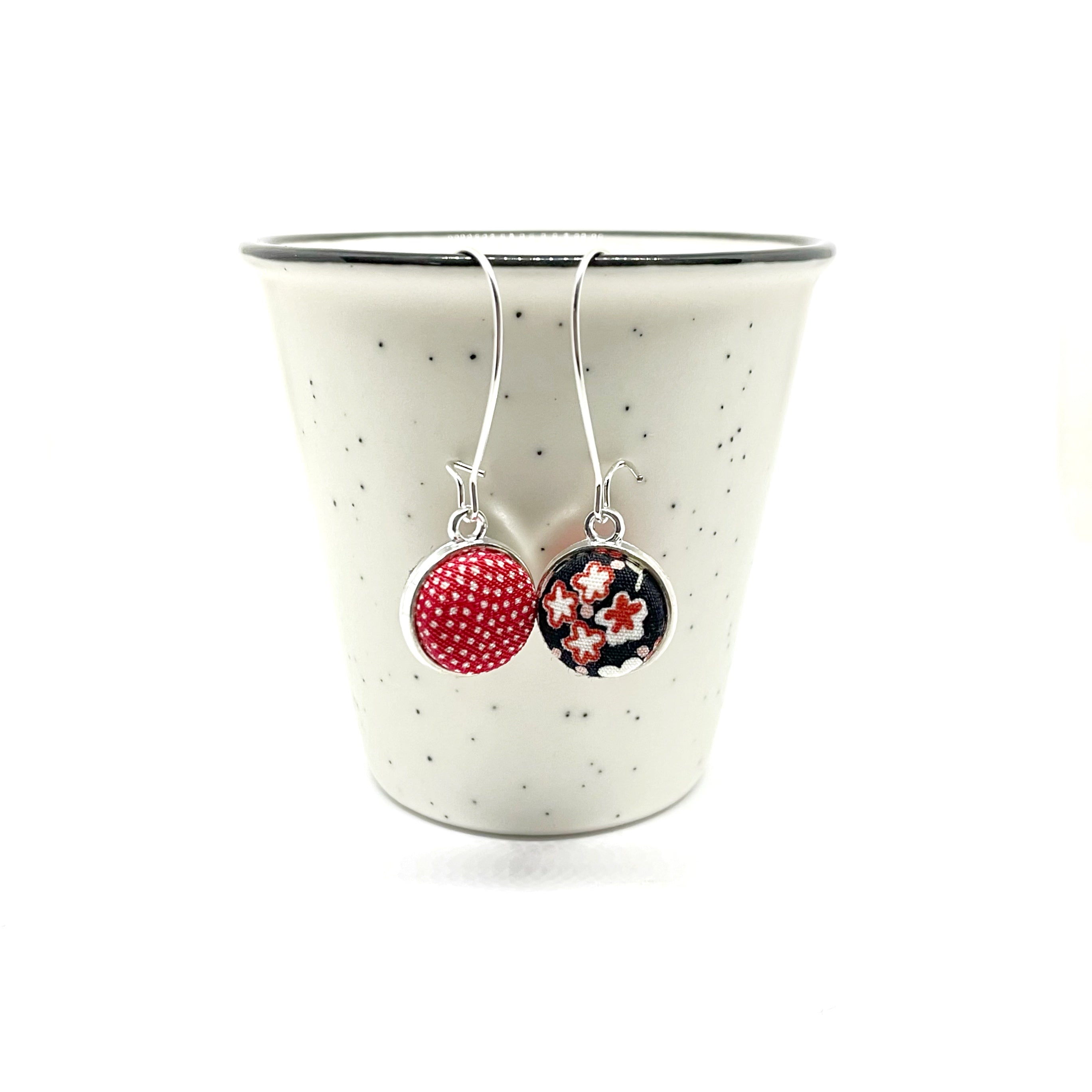 Double Sided Fabric Button Earrings - Black and Pink