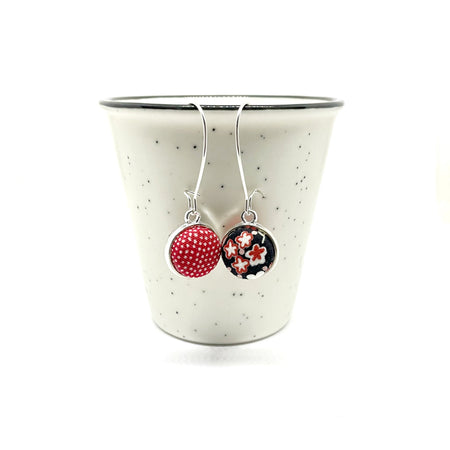 Double Sided Fabric Button Earrings - Black and Pink