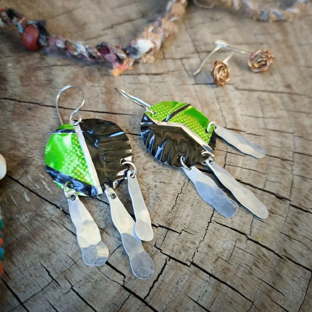 abstract green black handmade dangle earrings