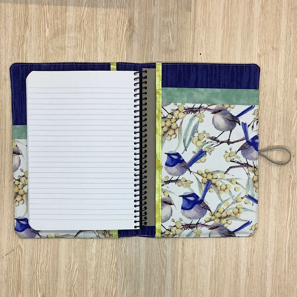 Blue Wrens (blue) refillable A5 fabric notebook cover gift set -Incl. book and pen.