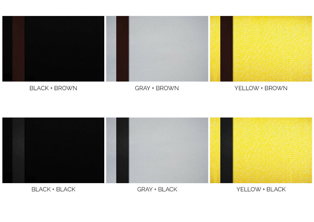 six colourways: black + brown, gray + brown, yellow + brown, black + black, gray + black, yellow + black.