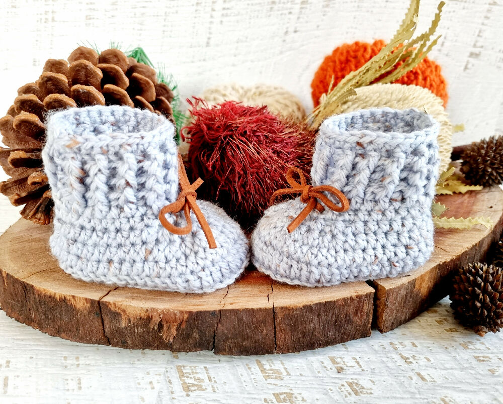 Baby Booties Blue/Grey Tweed Newborn Crochet Knit Shoes Socks