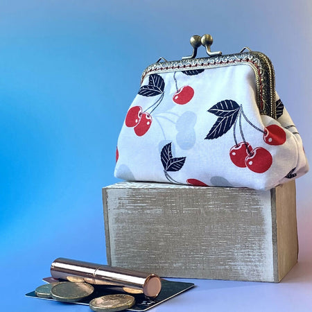 Small kiss-lock frame purse - white with cherry print