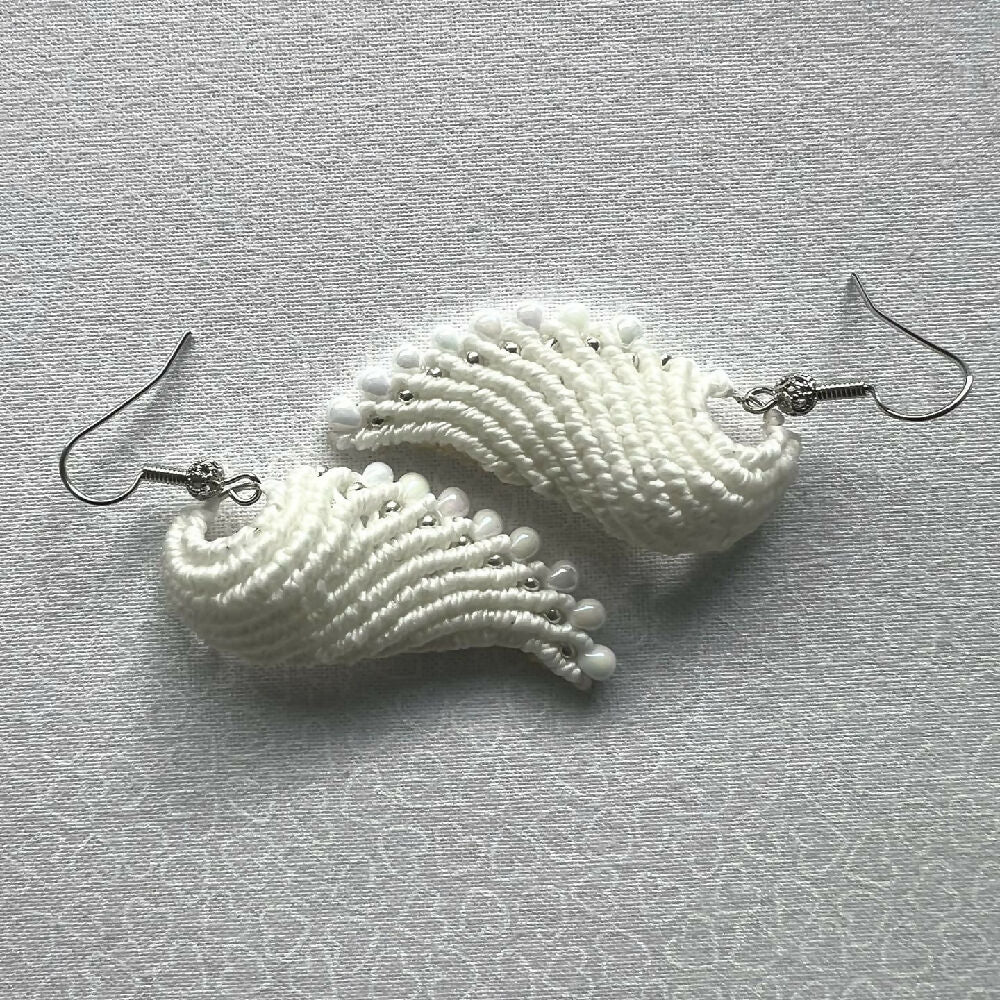 SOLD OUT - White Wing Micro Macrame Earrings +Free Microfibre Pouch