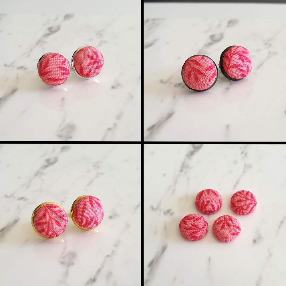 1.4cm Round Salmon Pink Plants cotton fabric Cabochon stud earrings