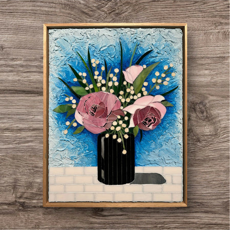 ‘ROSES’ Stained Glass Mosaic Pink Roses Still Life Framed