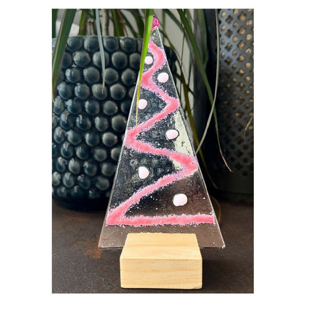 Handmade Fused Glass Christmas Tree in Wooden Stand in Organza Bag