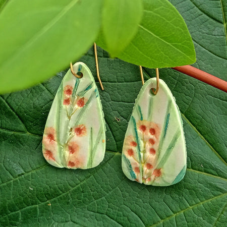 Hand made botanical print earrings in red, yellow and green