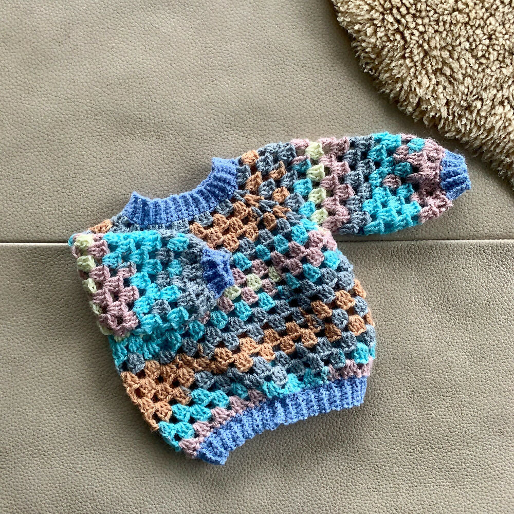 Blue and Orange Toned Crochet Granny Stitch Jumper Baby