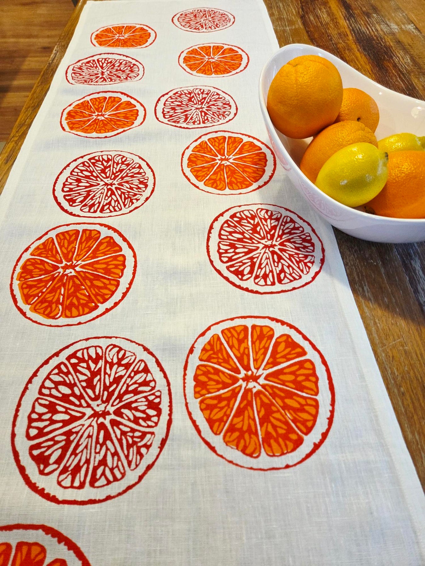Hand Screenprinted Linen Table Runners-Oranges & Oranges