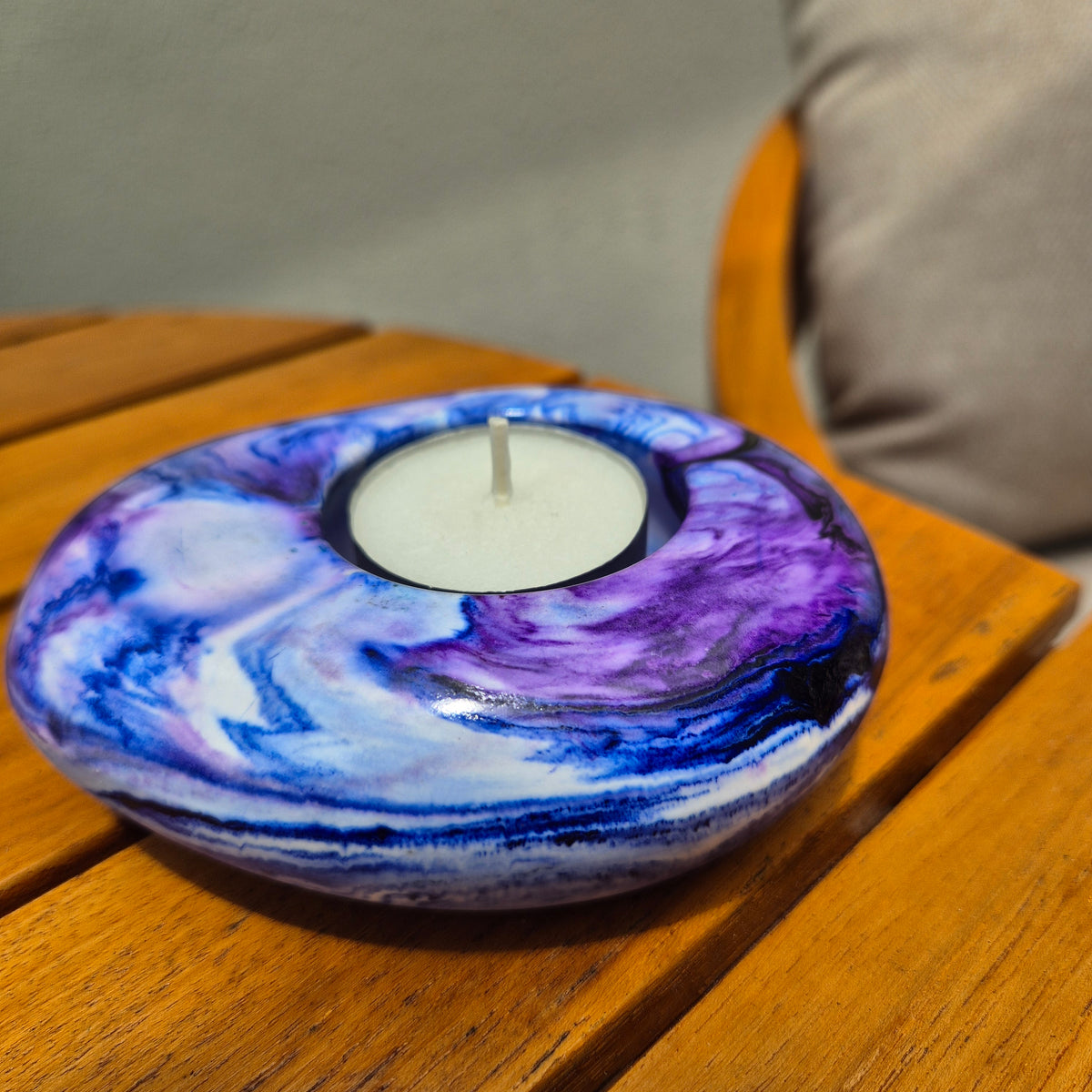 Large blue and purple pebble shaped tealight candle holder