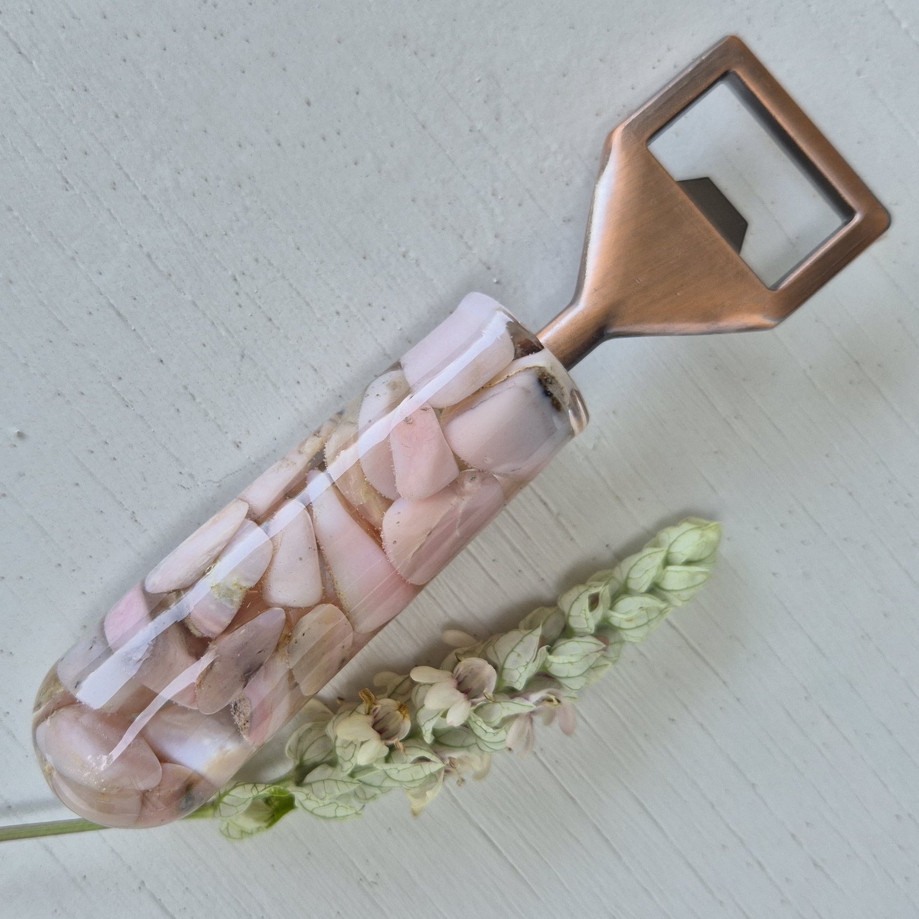 Handmade Resin Bottle Opener with embedded Pink Opal