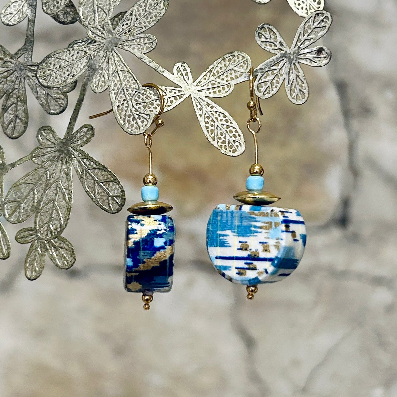 Earrings Blue Gold White Japanese Washi Paper - EB-125