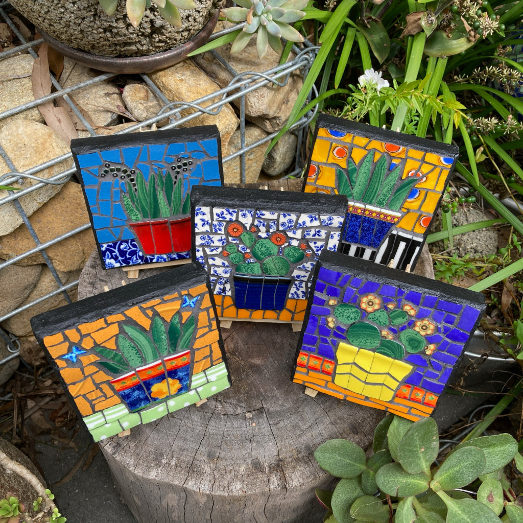 Mini Mosaic Artwork - Upcycled Crockery - Cacti - Snake Plants