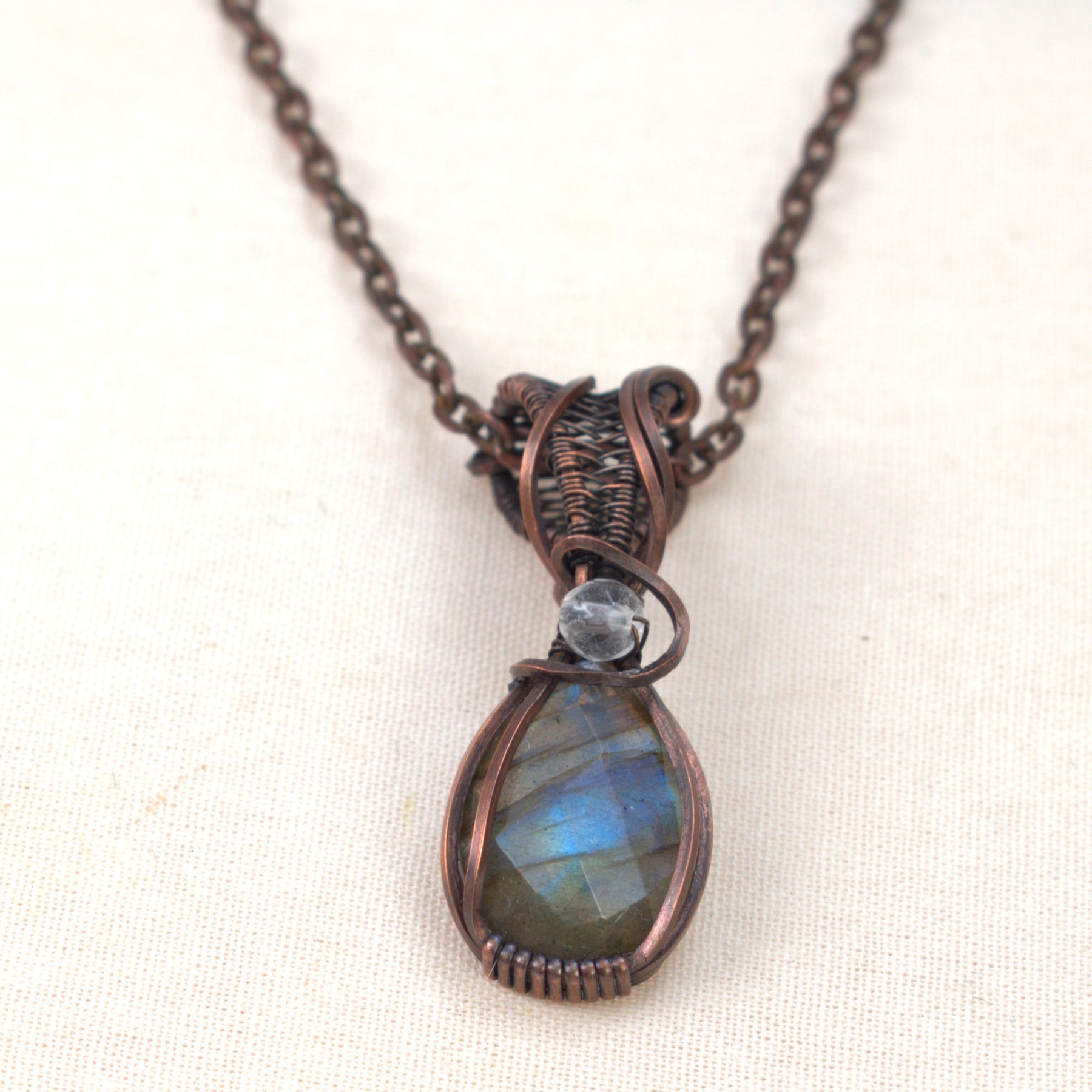 Velvet Tides – Labradorite & Clear Quartz Copper Pendant.