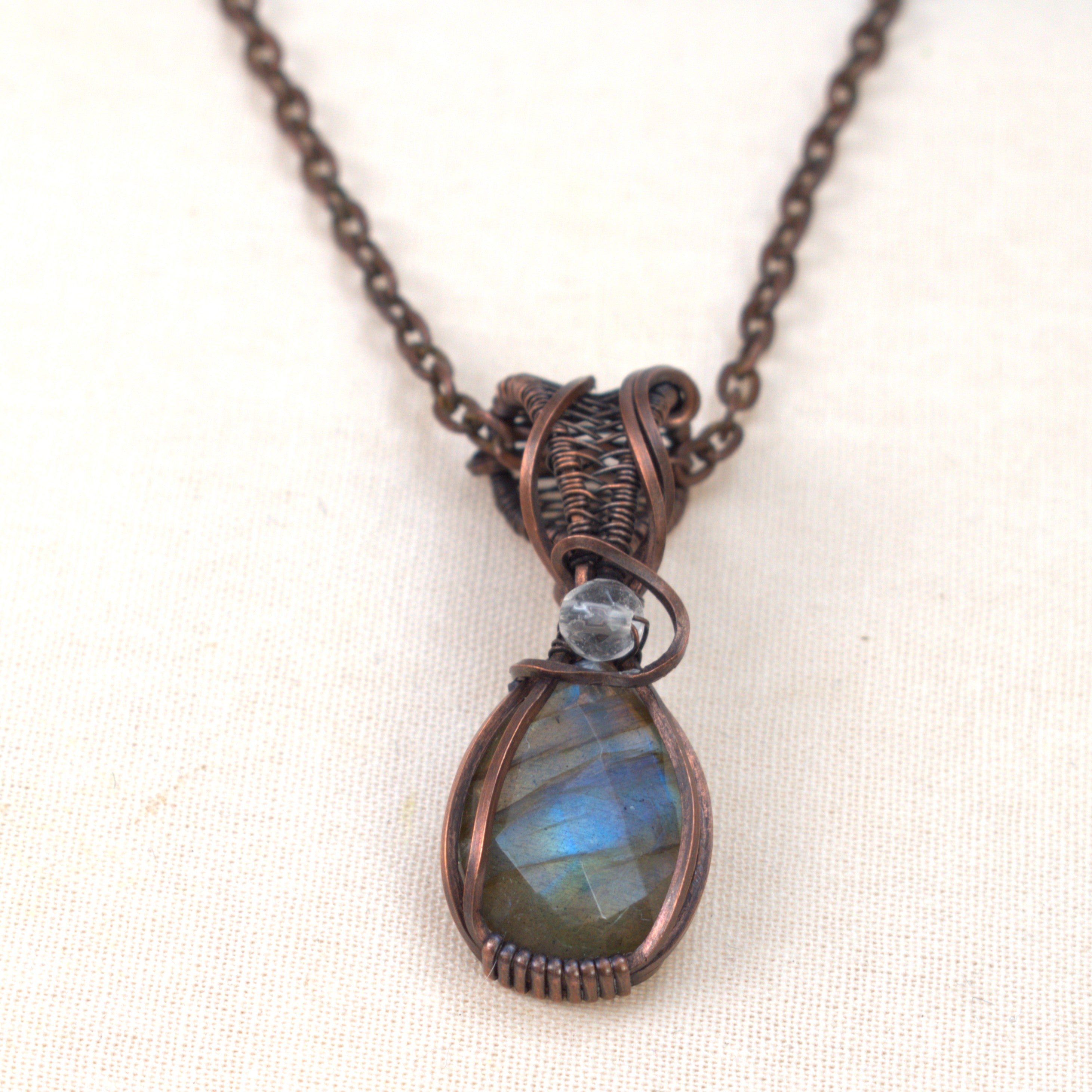 Velvet Tides – Labradorite & Clear Quartz Copper Pendant.