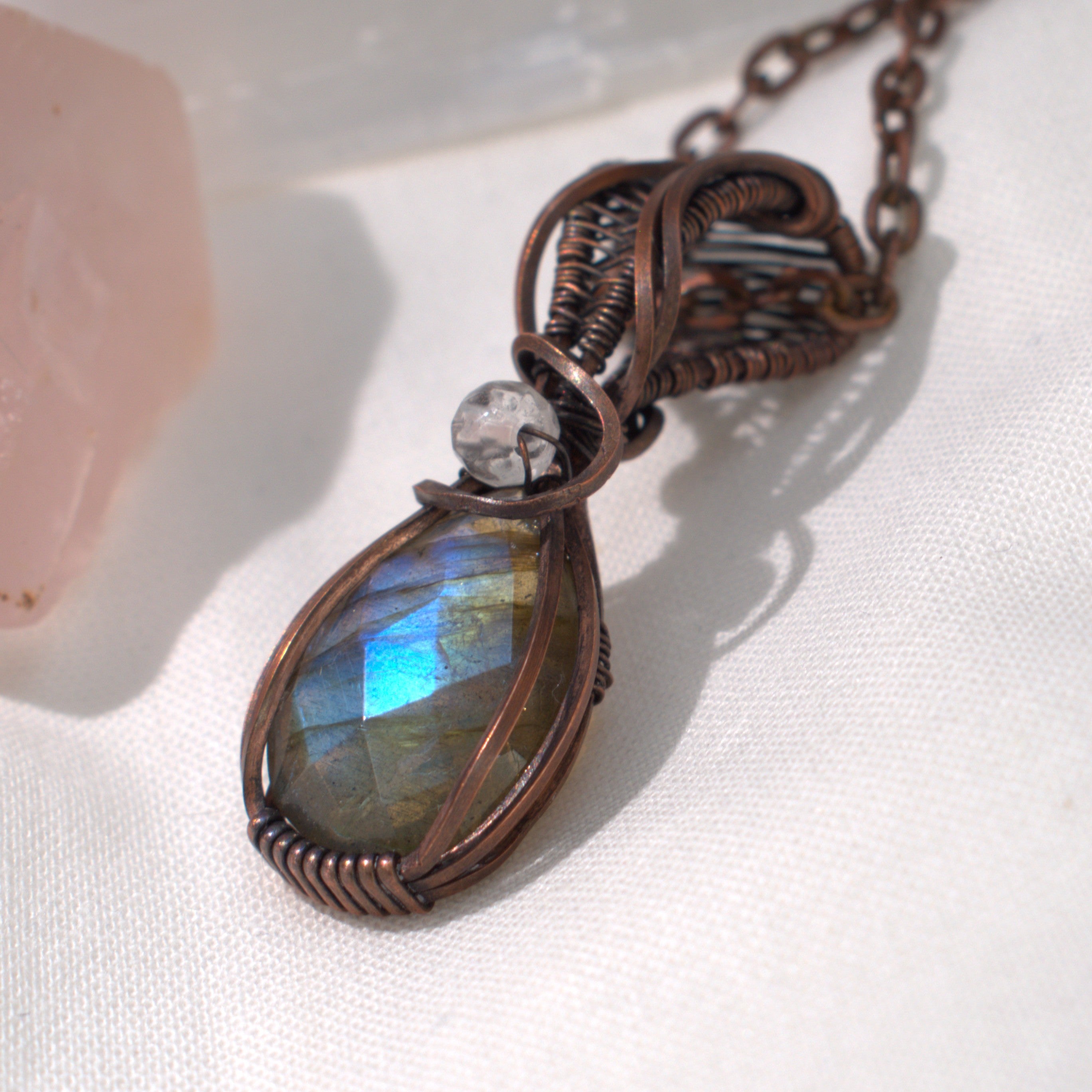 Velvet Tides – Labradorite & Clear Quartz Copper Pendant.