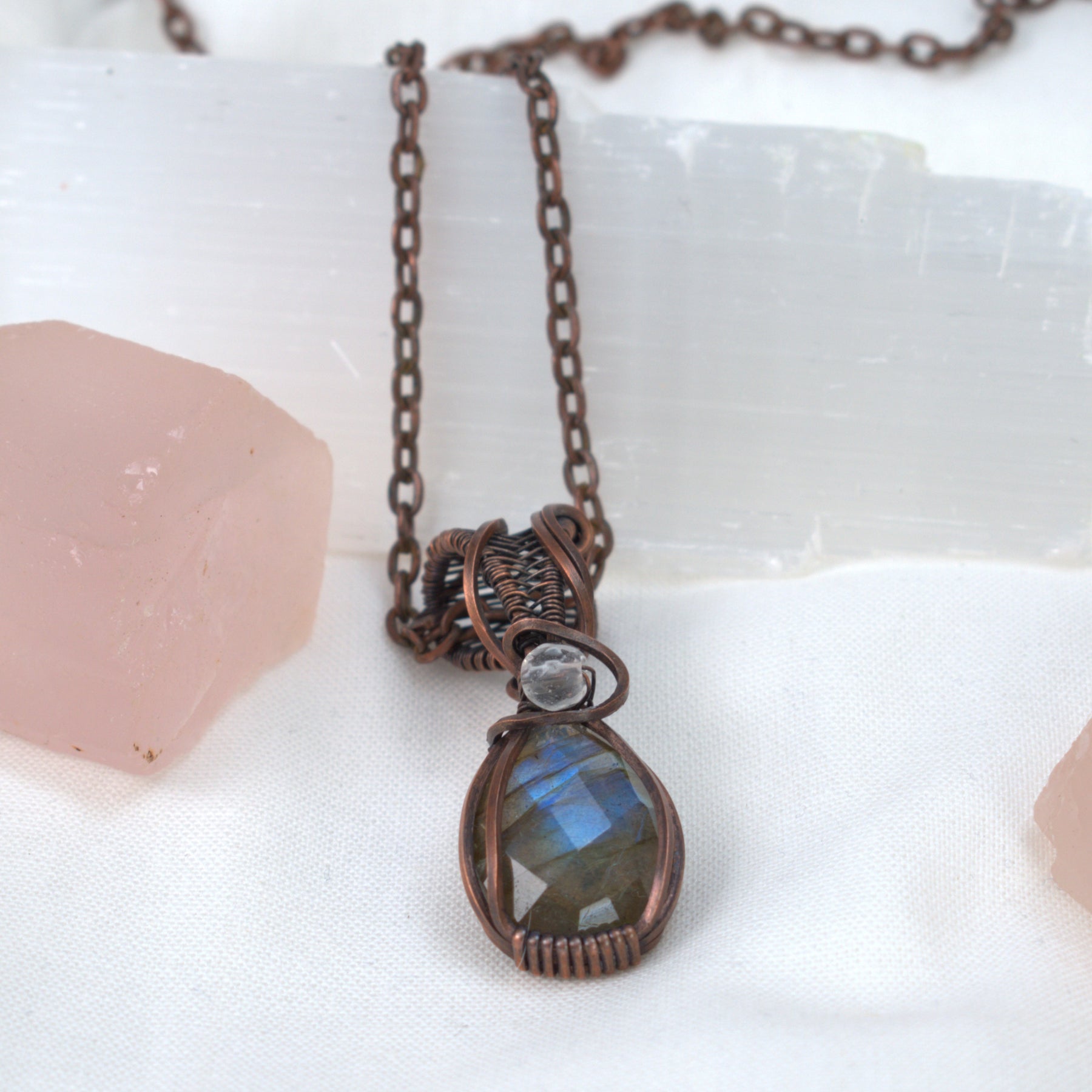 Velvet Tides – Labradorite & Clear Quartz Copper Pendant.