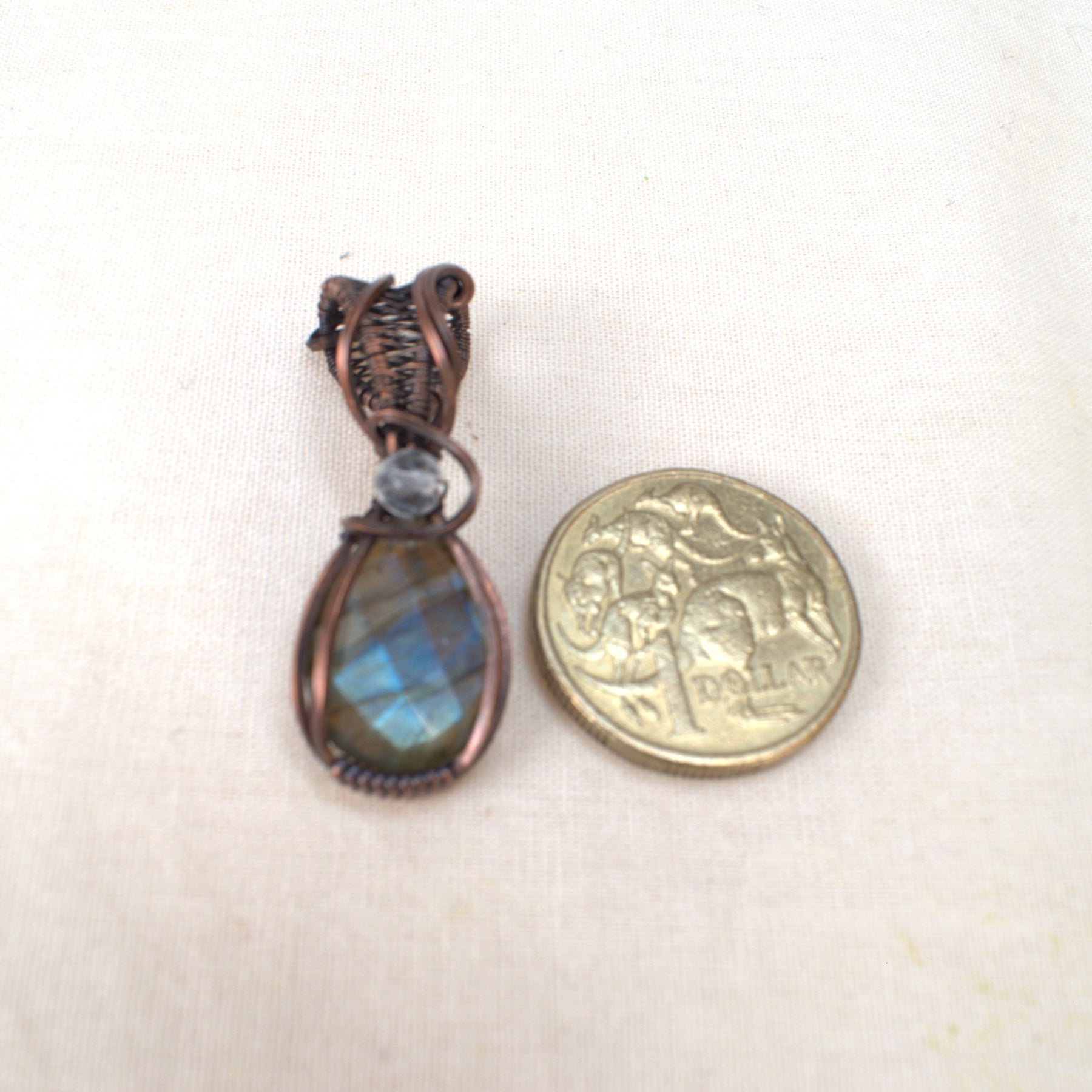 Velvet Tides – Labradorite & Clear Quartz Copper Pendant.