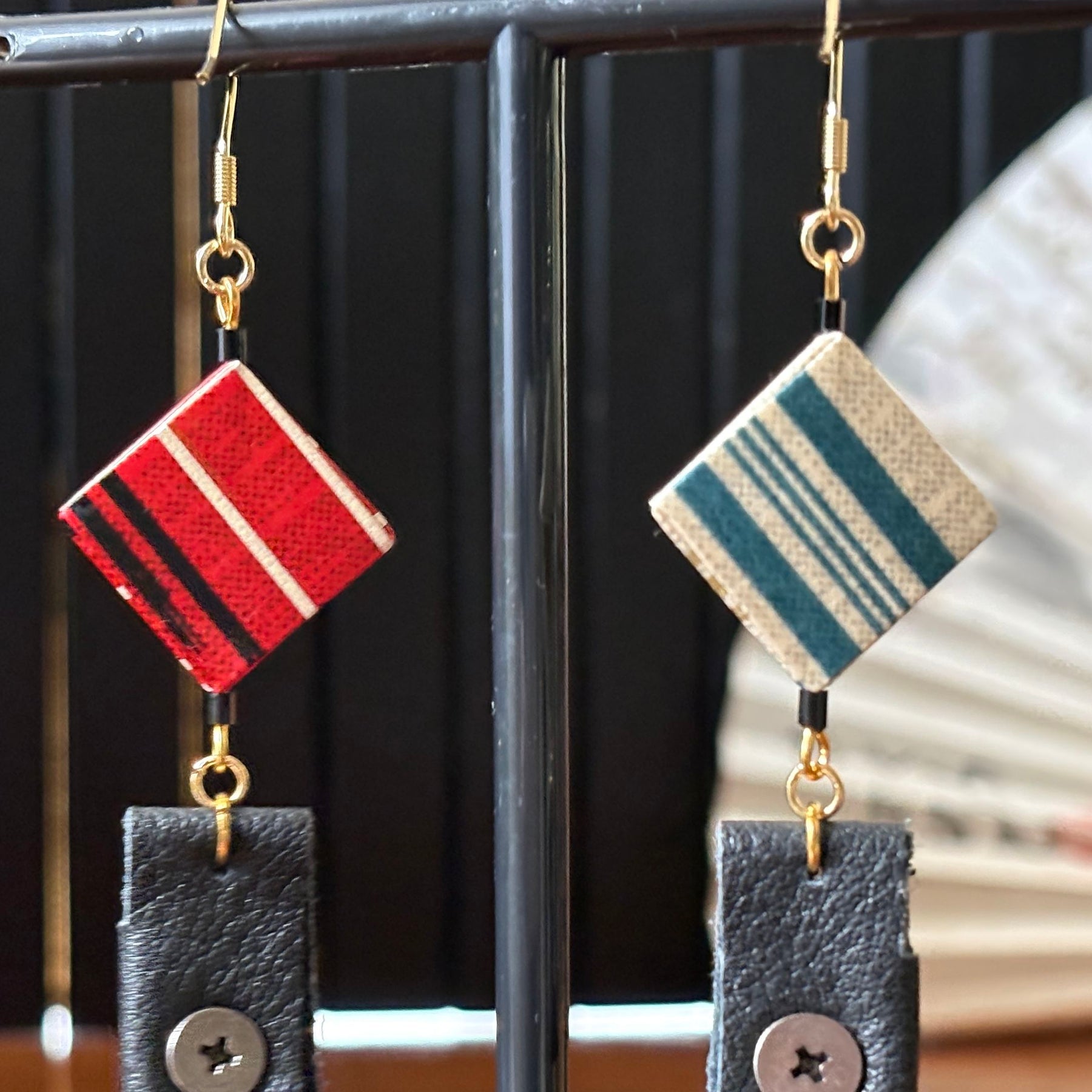Japanese Paper and Leather Earrings – red and cream-beige
