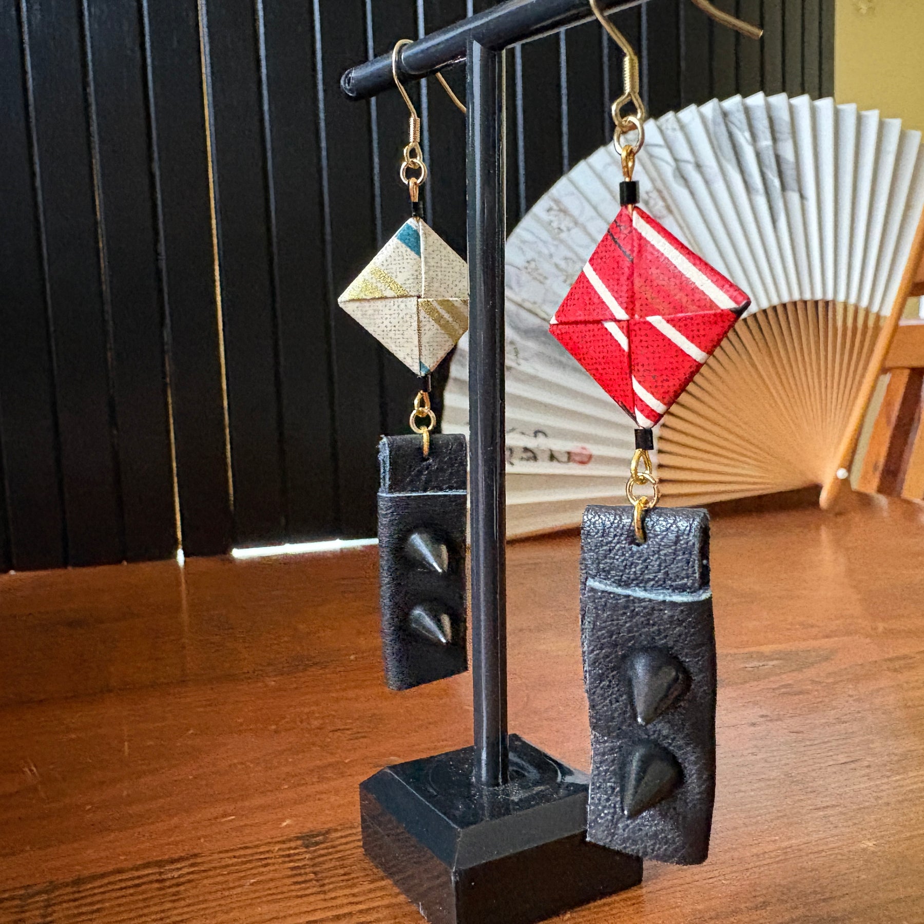 Japanese Paper and Leather Earrings – red and cream-beige