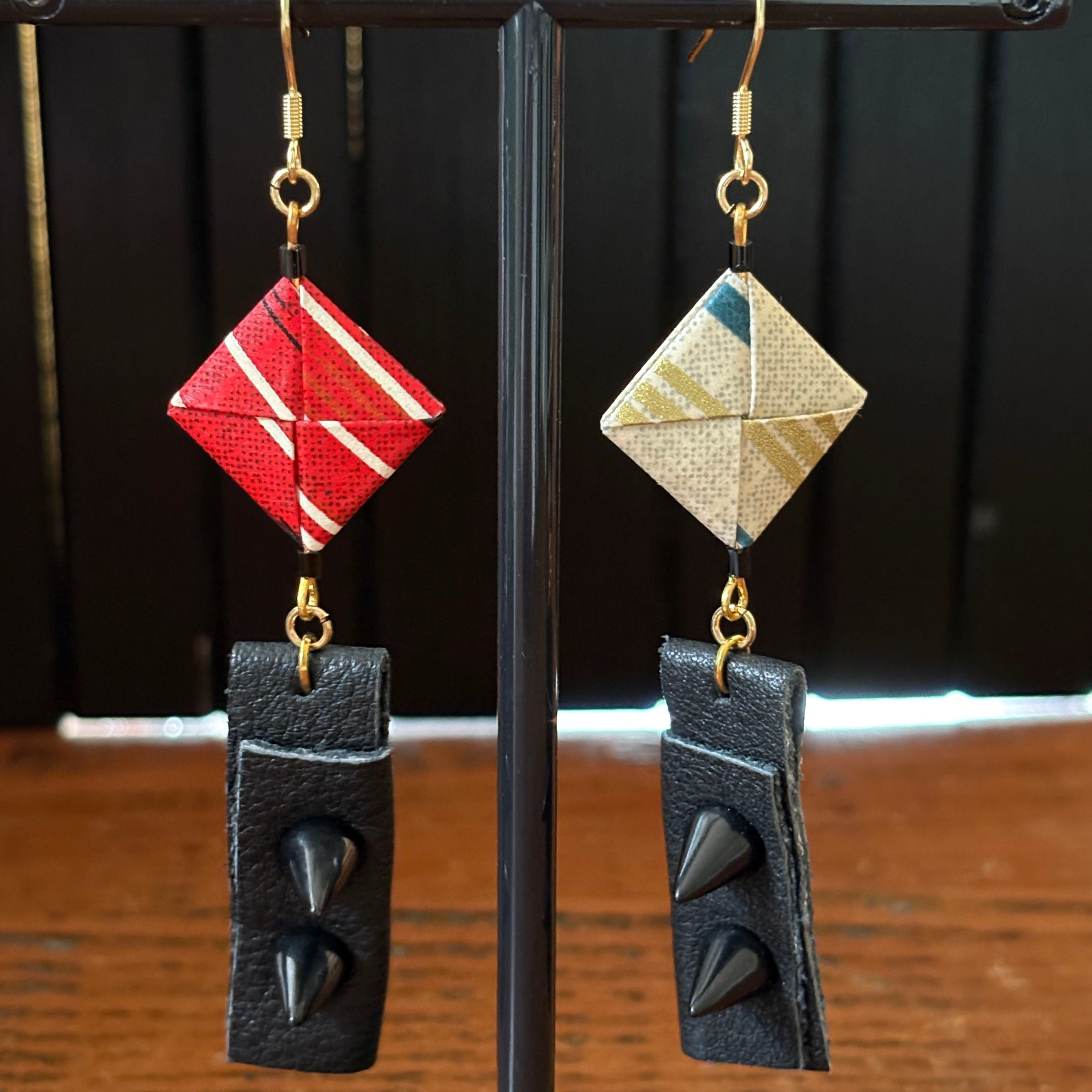 Japanese Paper and Leather Earrings – red and cream-beige