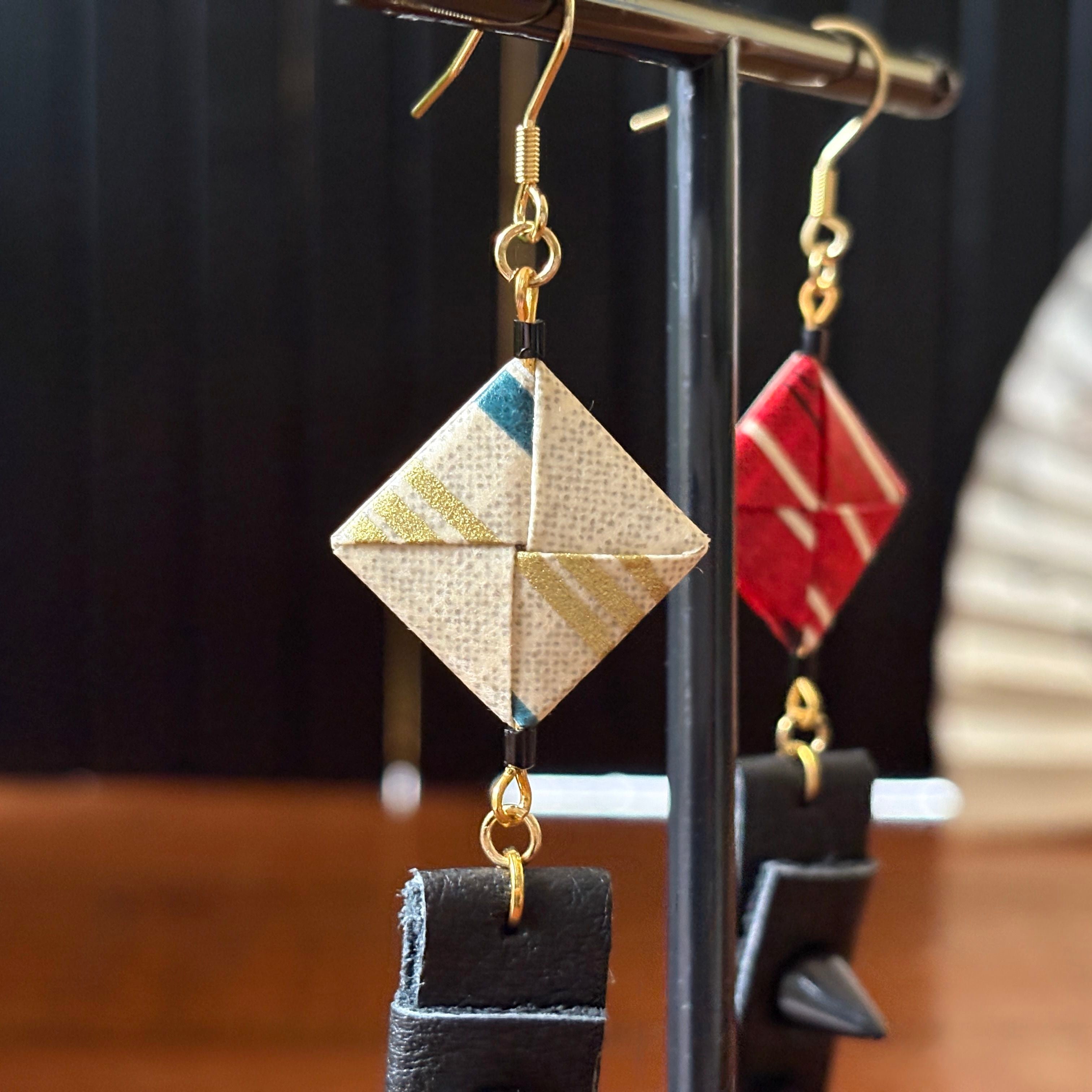 Japanese Paper and Leather Earrings – red and cream-beige