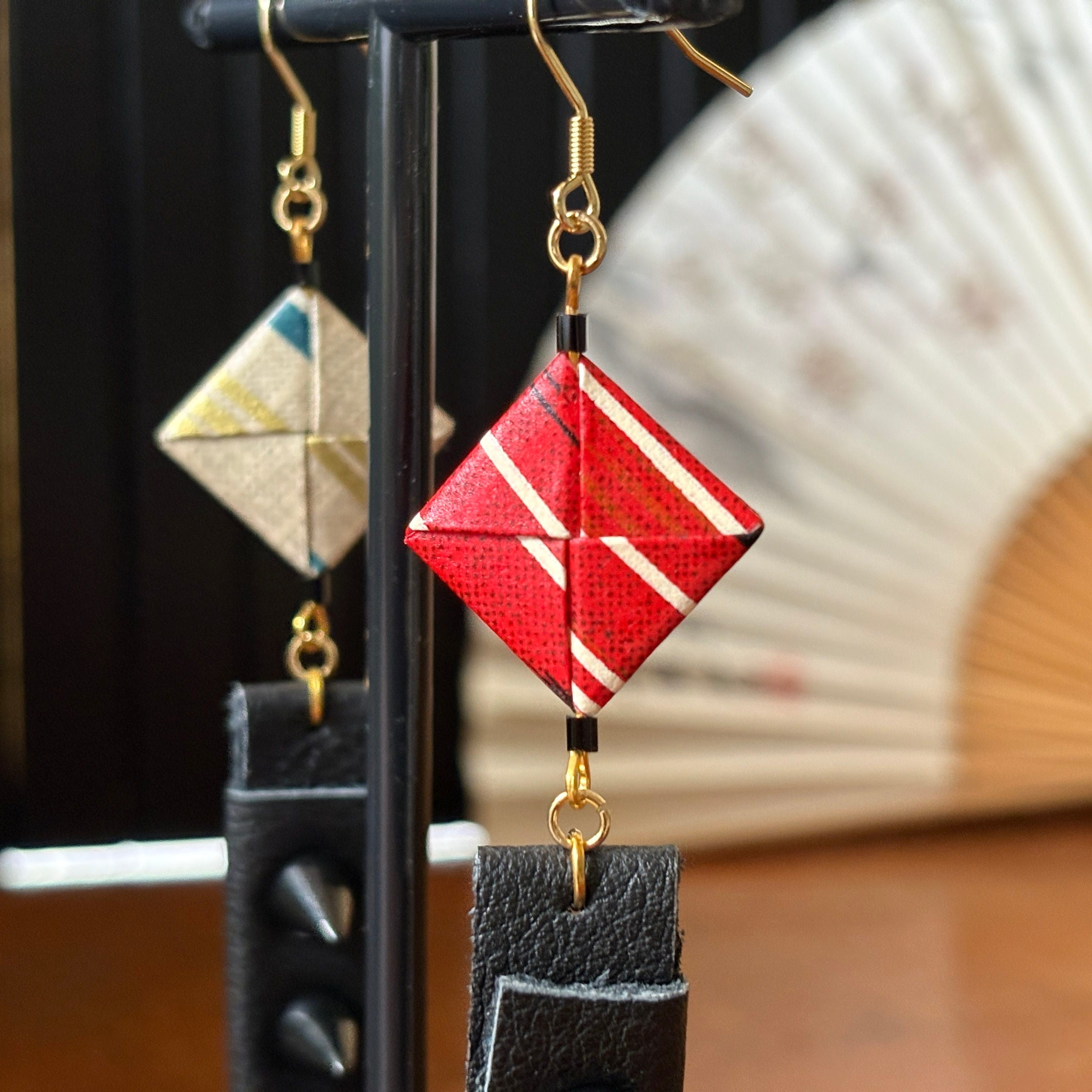 Japanese Paper and Leather Earrings – red and cream-beige