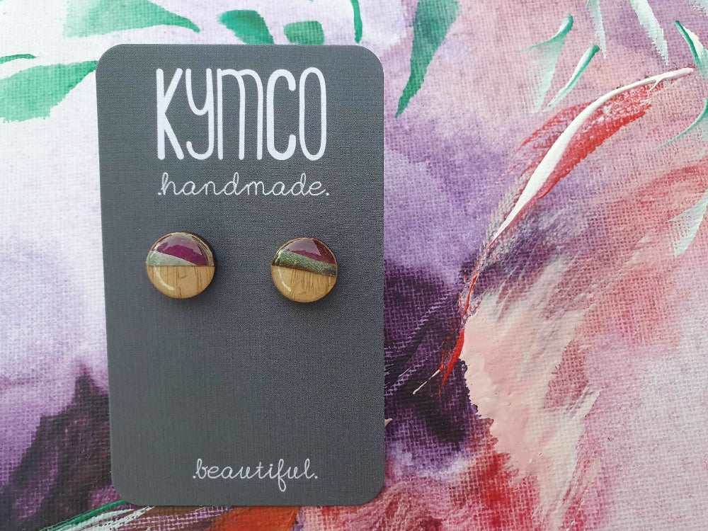 Aurora Collection| Round resin stud earrings | Plum and sage