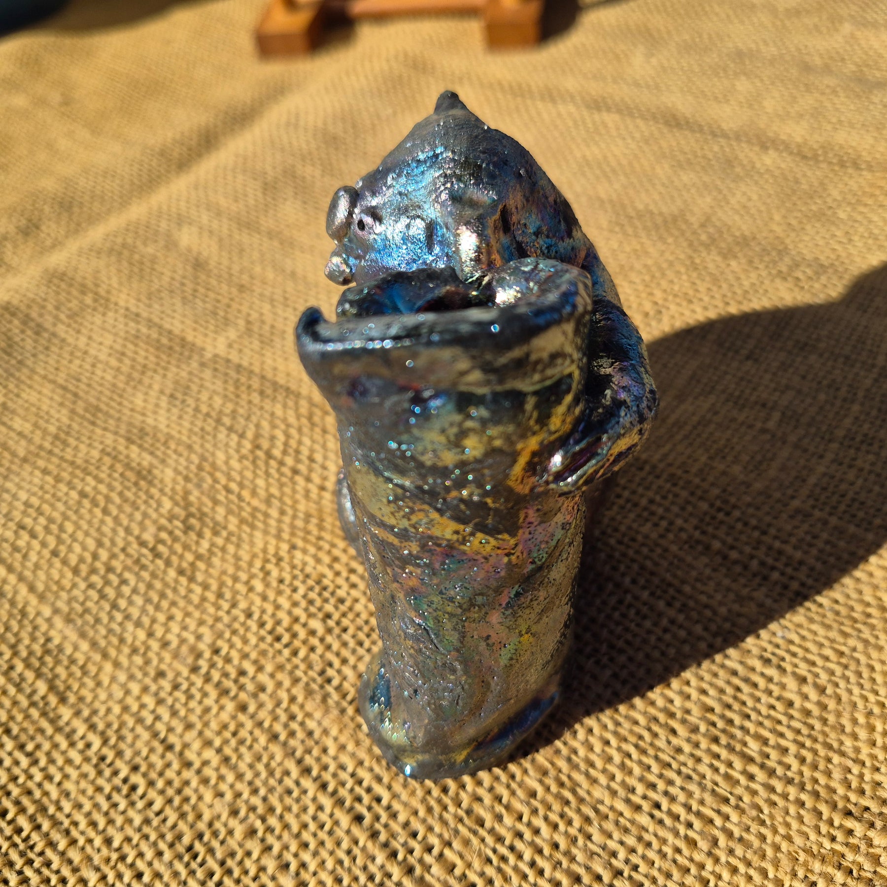 Raku Koala Sculpture: Blue Pink Silver Lustred Sculpture Poking Out His Tongue