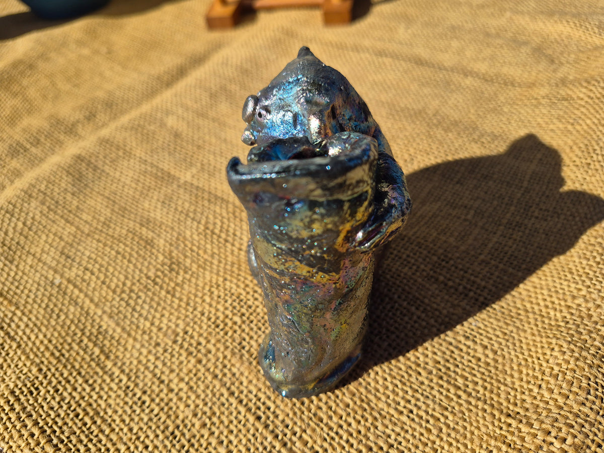 Raku Koala Sculpture: Blue Pink Silver Lustred Sculpture Poking Out His Tongue