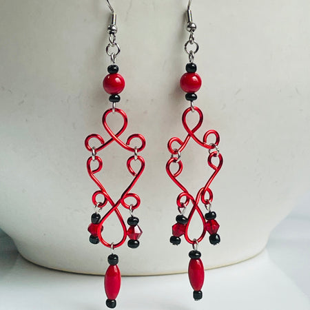 B’s Vibrant Red Dangling Wired Earrings with Coral and Crystals