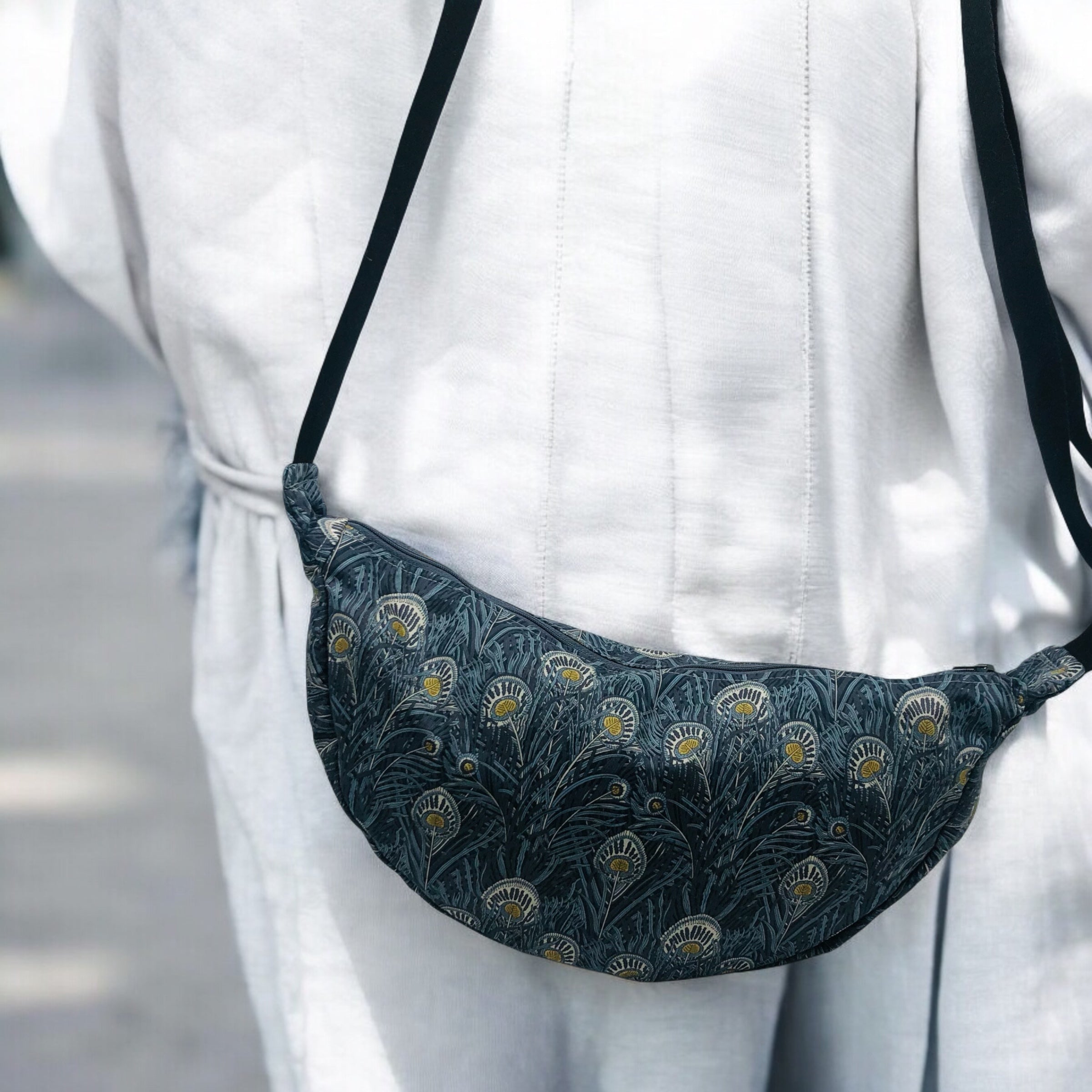 Liberty fabric Hera design - fully lined with grey stripe ticking.  Inner zipper pocket