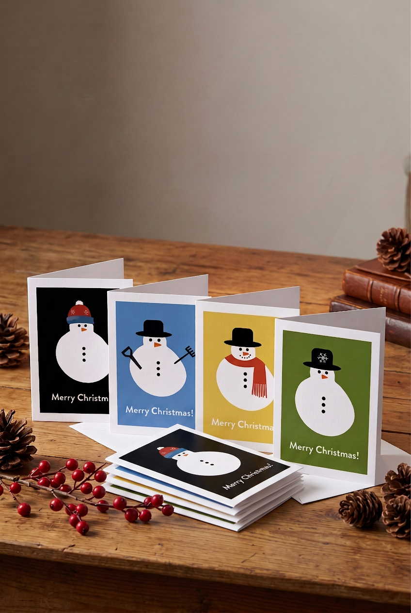 Set of 8 - Happy Snowpeople! - Cheerful Greetings, printed on bright white, recycled card.