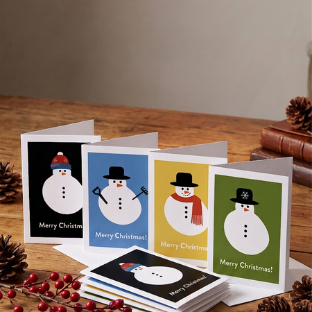 Set of 8 - Happy Snowpeople! - Cheerful Greetings, printed on bright white, recycled card.