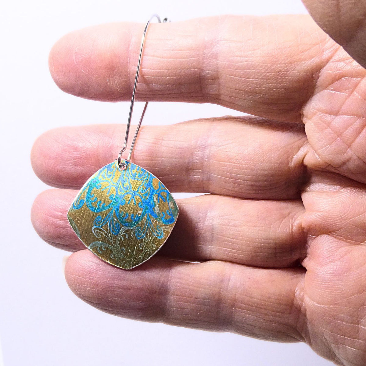 Hand printed anodised aluminium earrings - Persian Blue Collection