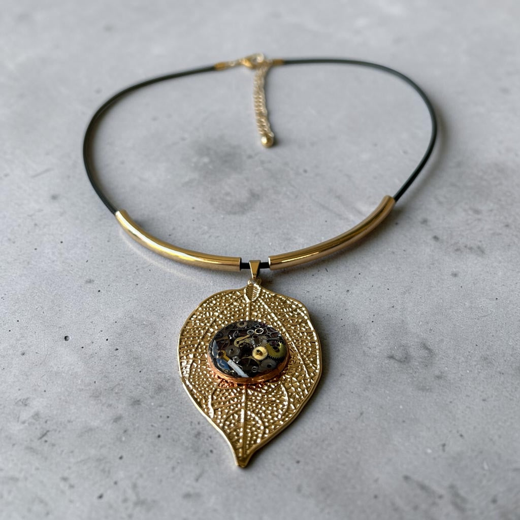Steampunk watch parts gold leaf necklace