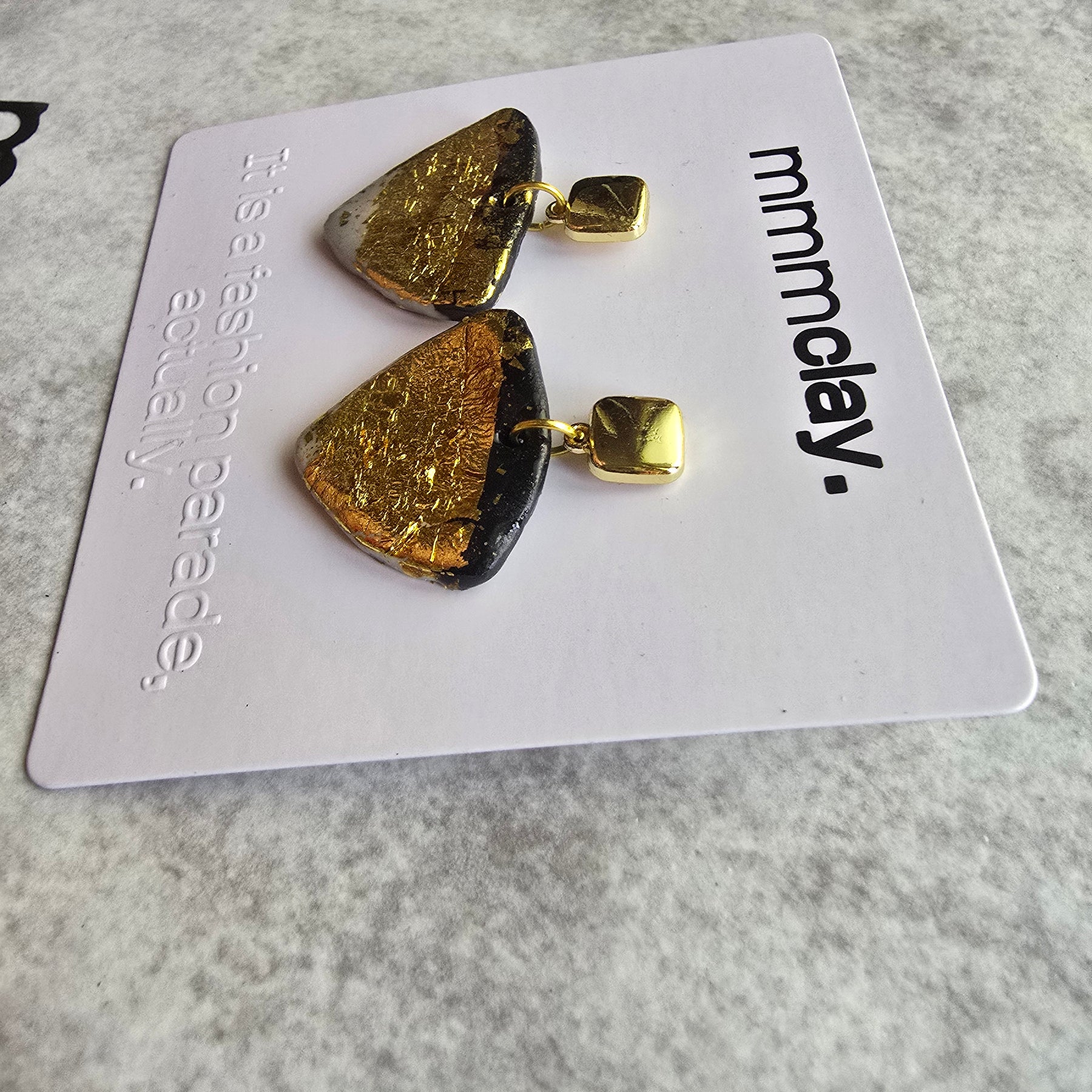 Black and Gold Geometric Triangle Polymer Clay Earrings | 9K Gold Plated